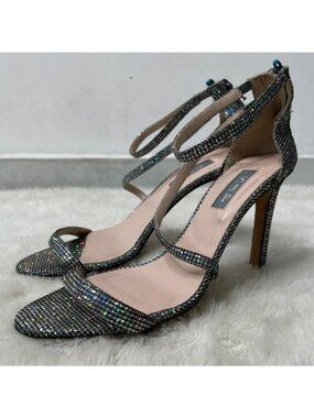 SJP by Sarah Jessica Parker Orbit Glitter Strappy Sandals Heels Multi Silver 38.